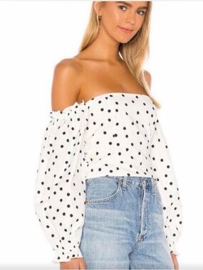 LPA White Off-Shoulder Polka Dot Blouse